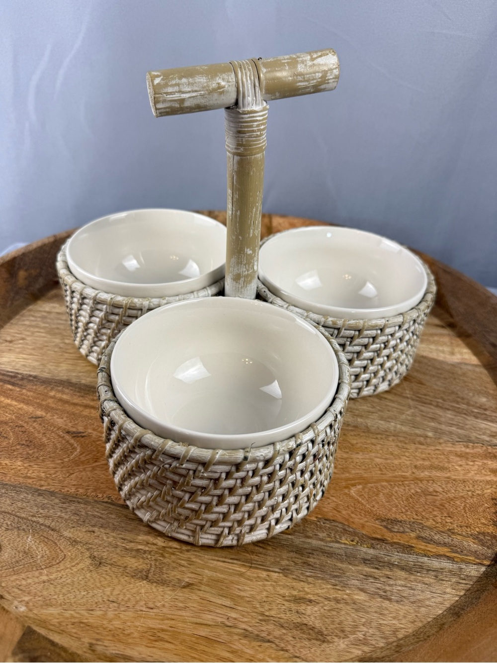 Farmhouse Rattan Dip Bowl Set Rustic Condiment Server Wood Handle